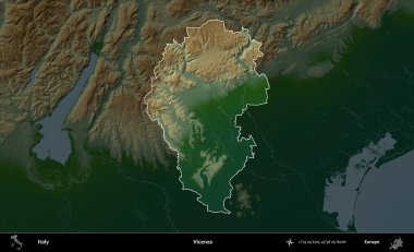 Vicenza. İtalya 'nın idari alanı koyu renkli bir yükseklik haritasına vurgulandı ve özetlendi