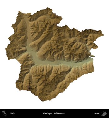 Vinschgau - Val Venosta. İtalya 'nın idari bölgesi renkli bir yükseklik haritasında beyaza izole edilmiş