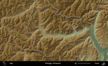 Vinschgau - Val Venosta. İtalya 'nın idari bölgesi renkli bir yükseklik haritasında özetlendi