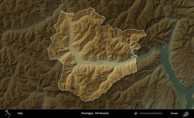 Vinschgau - Val Venosta. İtalya 'nın idari alanı koyu renkli bir yükseklik haritasına vurgulandı ve özetlendi
