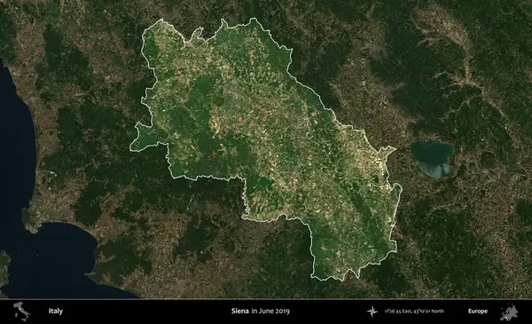 Siena. İtalya 'nın idari alanı, Haziran 2019' da çekilen Kopernik Sentinel karolarından oluşan koyu renkli bir uydu görüntüsü üzerine vurgulandı ve özetlendi.