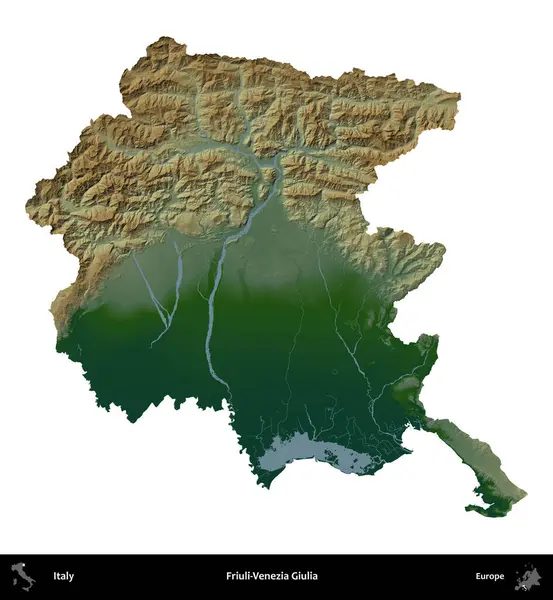 Friuli-Venezia Giulia. İtalya 'nın idari bölgesi renkli bir yükseklik haritasında beyaza izole edilmiş