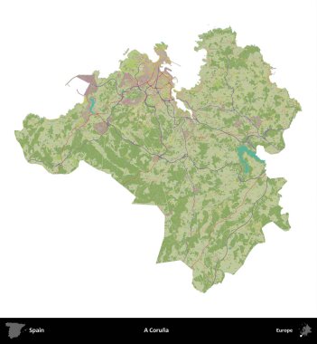 Bir Coruna. İspanya 'nın idari bölgesi Topografik İnsani Stil Haritasında beyaza izole edildi