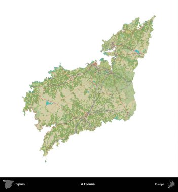 Bir Coruna. İspanya 'nın idari bölgesi Topografik İnsani Stil Haritasında beyaza izole edildi