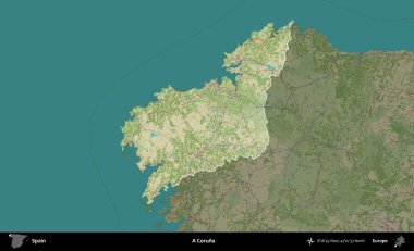 Bir Coruna. İspanya 'nın idari alanı karartılmış Topografik İnsani Yardım Stili Haritasında vurgulanmış ve özetlenmiştir