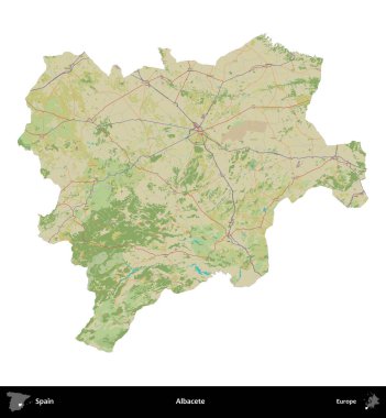 Albacete. İspanya 'nın idari bölgesi Topografik İnsani Stil Haritasında beyaza izole edildi
