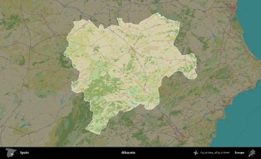 Albacete. İspanya 'nın idari alanı karartılmış Topografik İnsani Yardım Stili Haritasında vurgulanmış ve özetlenmiştir