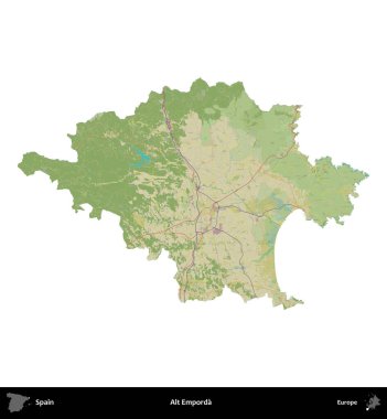 Alt Emporda. İspanya 'nın idari bölgesi Topografik İnsani Stil Haritasında beyaza izole edildi