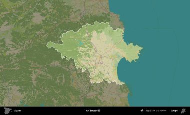Alt Emporda. İspanya 'nın idari alanı karartılmış Topografik İnsani Yardım Stili Haritasında vurgulanmış ve özetlenmiştir