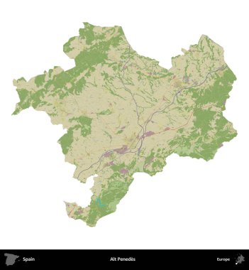 Alt Penedes. İspanya 'nın idari bölgesi Topografik İnsani Stil Haritasında beyaza izole edildi