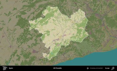 Alt Penedes. İspanya 'nın idari alanı karartılmış Topografik İnsani Yardım Stili Haritasında vurgulanmış ve özetlenmiştir