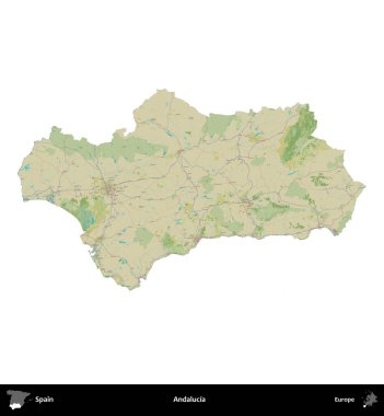 Endülüs. İspanya 'nın idari bölgesi Topografik İnsani Stil Haritasında beyaza izole edildi