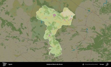 Andorra-Sierra de Arcos. İspanya 'nın idari alanı karartılmış Topografik İnsani Yardım Stili Haritasında vurgulanmış ve özetlenmiştir