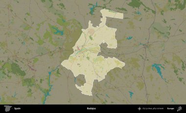 Badajoz. İspanya 'nın idari alanı karartılmış Topografik İnsani Yardım Stili Haritasında vurgulanmış ve özetlenmiştir