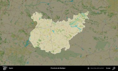 İl de Badajoz. İspanya 'nın idari alanı karartılmış Topografik İnsani Yardım Stili Haritasında vurgulanmış ve özetlenmiştir