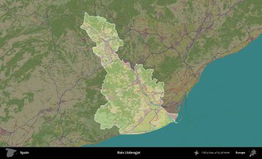 Baix Llobregat. İspanya 'nın idari alanı karartılmış Topografik İnsani Yardım Stili Haritasında vurgulanmış ve özetlenmiştir