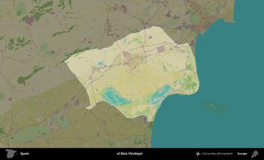 el Baix Vinalopo. İspanya 'nın idari alanı karartılmış Topografik İnsani Yardım Stili Haritasında vurgulanmış ve özetlenmiştir