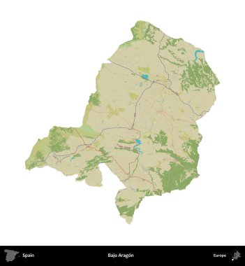 Bajo Aragon. İspanya 'nın idari bölgesi Topografik İnsani Stil Haritasında beyaza izole edildi