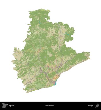 Barselona 'da. İspanya 'nın idari bölgesi Topografik İnsani Stil Haritasında beyaza izole edildi