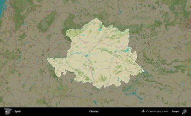 Caceres. İspanya 'nın idari alanı karartılmış Topografik İnsani Yardım Stili Haritasında vurgulanmış ve özetlenmiştir