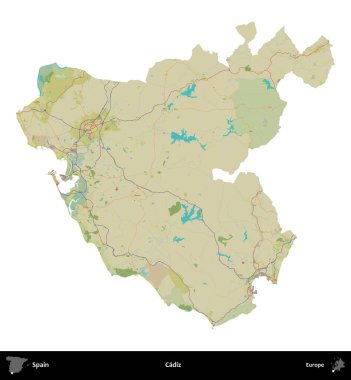 Cadiz. İspanya 'nın idari bölgesi Topografik İnsani Stil Haritasında beyaza izole edildi