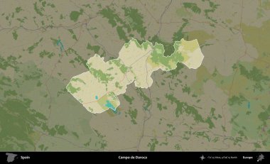 Campo de Daroca 'da. İspanya 'nın idari alanı karartılmış Topografik İnsani Yardım Stili Haritasında vurgulanmış ve özetlenmiştir