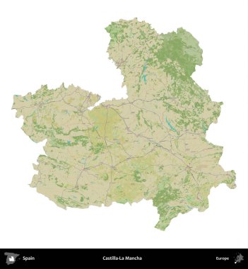 Castilla-La Mancha. İspanya 'nın idari bölgesi Topografik İnsani Stil Haritasında beyaza izole edildi
