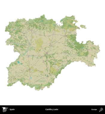 Castilla y Leon. İspanya 'nın idari bölgesi Topografik İnsani Stil Haritasında beyaza izole edildi
