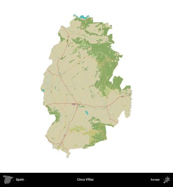 Cinco Villası. İspanya 'nın idari bölgesi Topografik İnsani Stil Haritasında beyaza izole edildi