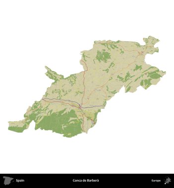 Conca de Barbera 'da. İspanya 'nın idari bölgesi Topografik İnsani Stil Haritasında beyaza izole edildi