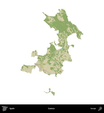 Cuenca. İspanya 'nın idari bölgesi Topografik İnsani Stil Haritasında beyaza izole edildi