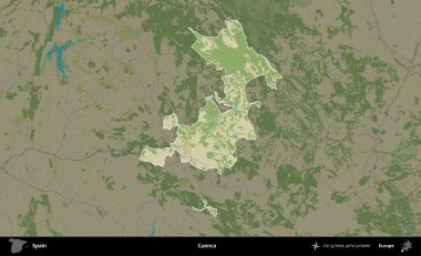 Cuenca. İspanya 'nın idari alanı karartılmış Topografik İnsani Yardım Stili Haritasında vurgulanmış ve özetlenmiştir
