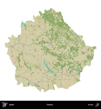 Cuenca. İspanya 'nın idari bölgesi Topografik İnsani Stil Haritasında beyaza izole edildi
