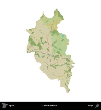 Cuencas Mineras. İspanya 'nın idari bölgesi Topografik İnsani Stil Haritasında beyaza izole edildi