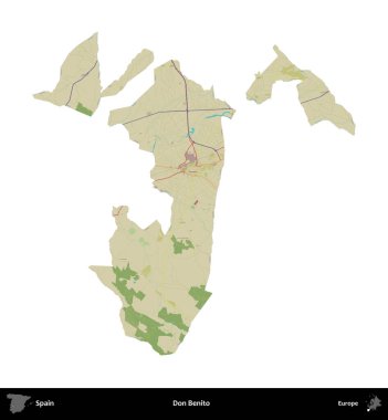 Don Benito. İspanya 'nın idari bölgesi Topografik İnsani Stil Haritasında beyaza izole edildi