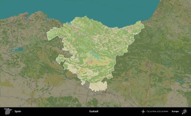 Euskadi. İspanya 'nın idari alanı karartılmış Topografik İnsani Yardım Stili Haritasında vurgulanmış ve özetlenmiştir