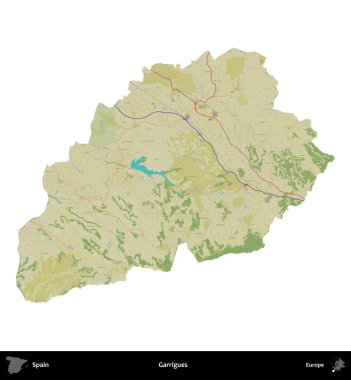 Garrigues. İspanya 'nın idari bölgesi Topografik İnsani Stil Haritasında beyaza izole edildi