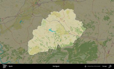 Garrigues. İspanya 'nın idari alanı karartılmış Topografik İnsani Yardım Stili Haritasında vurgulanmış ve özetlenmiştir