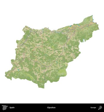 Gipuzkoa. İspanya 'nın idari bölgesi Topografik İnsani Stil Haritasında beyaza izole edildi