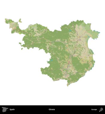 Girona. İspanya 'nın idari bölgesi Topografik İnsani Stil Haritasında beyaza izole edildi