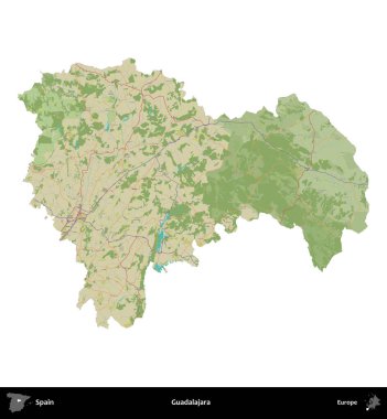 Guadalajara. İspanya 'nın idari bölgesi Topografik İnsani Stil Haritasında beyaza izole edildi