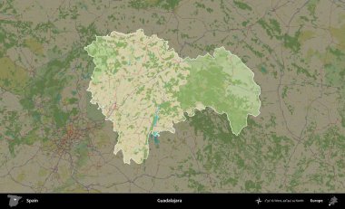 Guadalajara. İspanya 'nın idari alanı karartılmış Topografik İnsani Yardım Stili Haritasında vurgulanmış ve özetlenmiştir