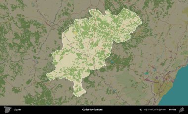 Gudar-Javalambre. İspanya 'nın idari alanı karartılmış Topografik İnsani Yardım Stili Haritasında vurgulanmış ve özetlenmiştir