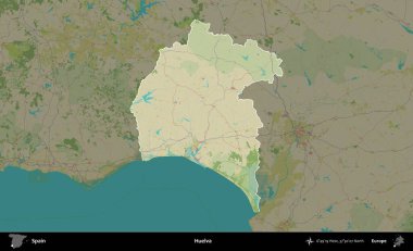 Huelva. İspanya 'nın idari alanı karartılmış Topografik İnsani Yardım Stili Haritasında vurgulanmış ve özetlenmiştir