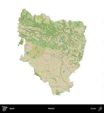 Huesca. İspanya 'nın idari bölgesi Topografik İnsani Stil Haritasında beyaza izole edildi
