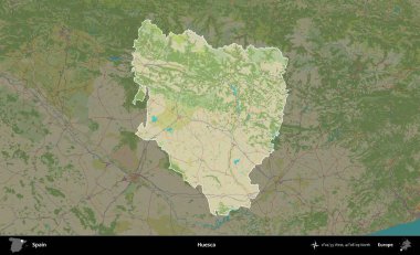 Huesca. İspanya 'nın idari alanı karartılmış Topografik İnsani Yardım Stili Haritasında vurgulanmış ve özetlenmiştir