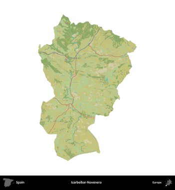 Izarbeibar-Novenera. İspanya 'nın idari bölgesi Topografik İnsani Stil Haritasında beyaza izole edildi