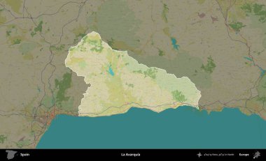La Axarquia 'da. İspanya 'nın idari alanı karartılmış Topografik İnsani Yardım Stili Haritasında vurgulanmış ve özetlenmiştir