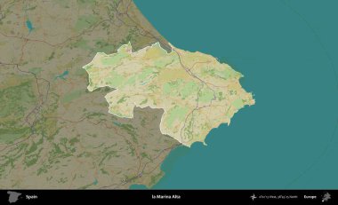 Marina Alta. İspanya 'nın idari alanı karartılmış Topografik İnsani Yardım Stili Haritasında vurgulanmış ve özetlenmiştir