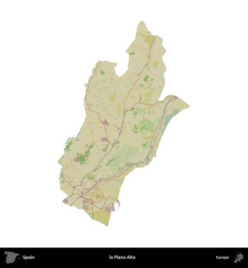 la Plana Alta. İspanya 'nın idari bölgesi Topografik İnsani Stil Haritasında beyaza izole edildi